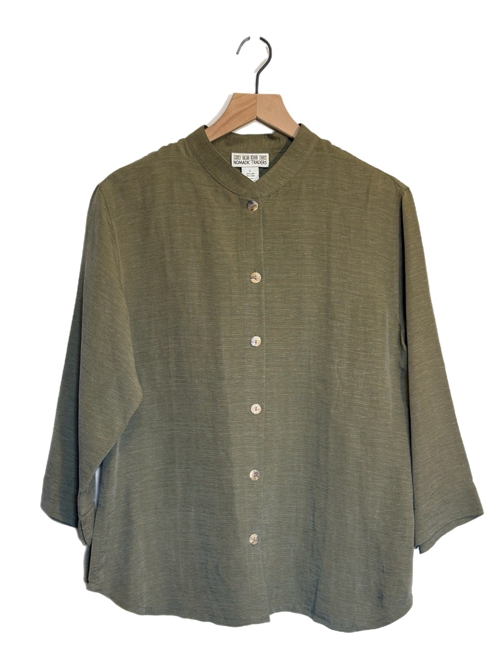 Nomadic Traders Silk Linen Sage Mandarin Button Textured Blouse Top Lagenlook